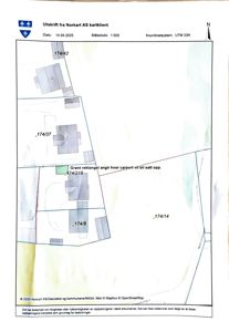 Kartutsnitt fra Norkart som viser eiendomsgrenser (f.eks. 174/42, 174/37) og en markert 'Grant rektangel' for carport.