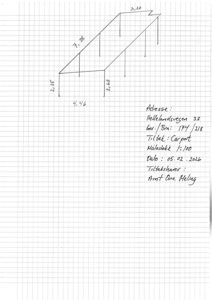 Håndskrevet tegning som viser et takoppsett med mål (f.eks. 4,46, 2,25, 3,20) og en skisse av takkonstruksjon. Teksten bekrefter at det er et tiltak for 'Carport' med målestokk 1:100.
