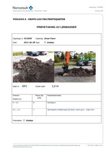 Fotografier fra en prøvetaking av løsmasser i sjakt GF1, som viser grus og sprengstein.