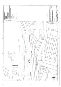 Situasjonsplan som viser bygningers plassering i forhold til veier (E39, Granbyvegen) og eiendomsgranser.