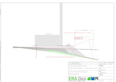 Tegning som viser en stabilitetsberegning (BT2) for en forbelastningsfase i et detaljprosjekt for Grand Flère BT2 Bygg D.