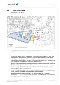 Kart over et tiltaksområde med fargekodet inndeling av masseklasser og forklaringer.