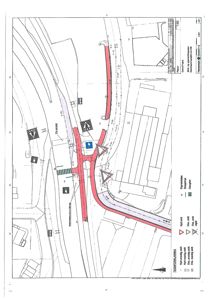 Situasjonsplan som viser en ny oppgradering av en vegkryssing med nye veibaner, signalanlegg og bygninger.