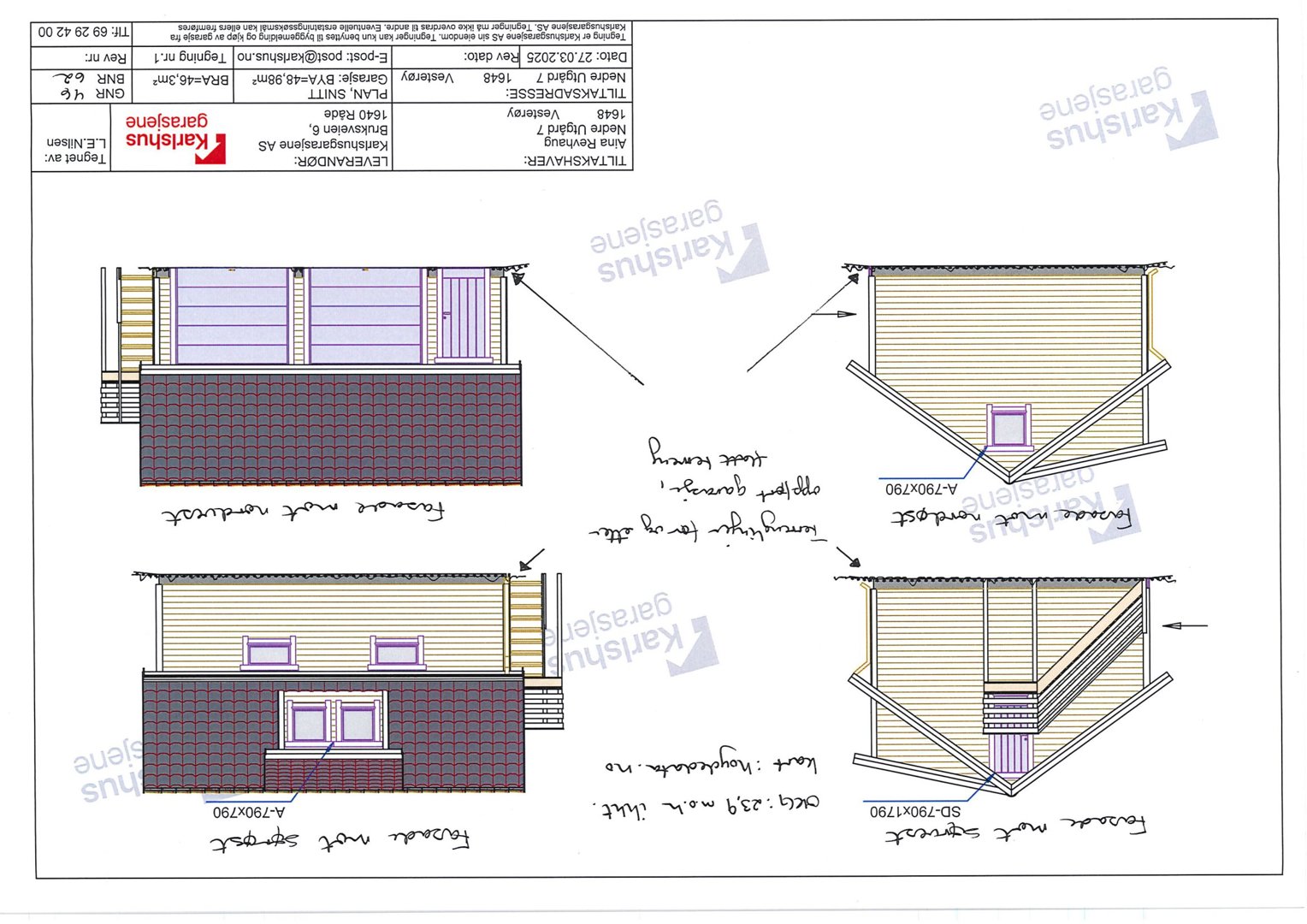 Fasadetegning som viser bygningens utsyn fra fire ulike vinkler (for, bak, venstre og høyre side).