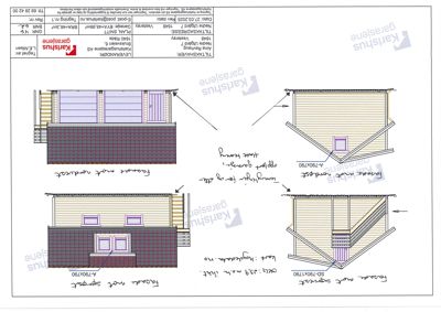 Fasadetegning som viser bygningens utsyn fra fire ulike vinkler (for, bak, venstre og høyre side).
