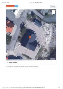 Flyfoto (satellittbilde) av eiendom med adresse Nedre Utgård 7, inkludert bygninger, vei og omgivelser.