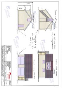 Fasadetegning med oppriss av en garasje (eller liten bygning) sett fra fire sider, med mål og tekstbeskrivelser.