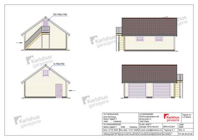 Snittegning som viser tverrsnitt gjennom en garasje med to dører og en trapp opp til etasjen over.