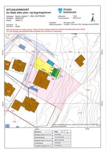 Situasjonskart som viser tomtens beliggenhet, grenser, nabolag og infrastruktur.