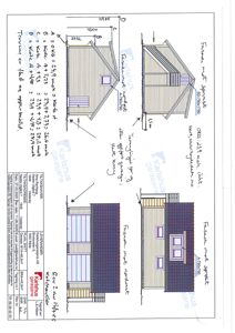 Fasadetegning for et garasjehus med oppriss av front og side, inkludert mål og materialvalg.