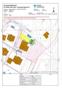 Situasjonskart som viser tomtens beliggenhet, nabolag, høydemålerlinjer og planlagt byggefelt.