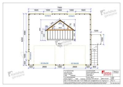 Etasjeplan (plantegning) som viser romfordeling, mål på vegger og plassering av en garasje med dører.