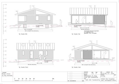 Fasadetegning som viser oppriss av bygningen sett fra fire sider (Øst, Sør, Nord og Vest) med mål og detaljer.