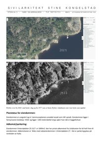 Flyfoto av eiendommen fra 2024 og 1977, inkludert tekst om planstatus og adkomst.
