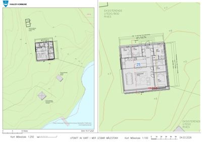 Bildet viser to tegninger som viser bygningens plassering i forhold til terrenget (konturlinjer) og eksisterende bygninger. Den venstre delen er en situasjonsplan (målestokk 1:250) som viser hele området, mens den høyre delen er en detaljert situasjonsplan (målestokk 1:100) med romfordeling og mål.