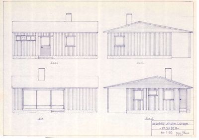 Fasadetegning som viser bygningens utsyn fra fire sider (Vest, Syd, Øst, Nord).