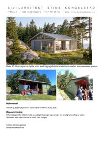 Fotografier av en hytte i en naturlig omgivelse, inkludert en 3D-illustrasjon og to fysiske bilder av bygningen.