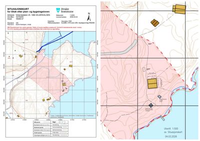 Situasjonskart som viser tomtens beliggenhet, grenser, høydemålerlinjer og nabolag.