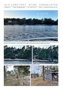 En samling av flere fotografier som viser en hytte og omgivelsene sett fra sjøen, inkludert utsikt over vannet, trær, og en bod ved sjøen.