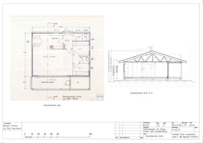 Bildet viser en eksisterende plan (etasjeplan) og et snitt (A-A) av en hytte.