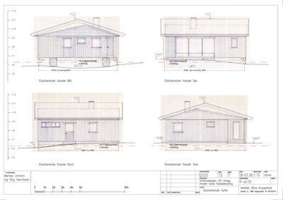 Fasadetegning som viser eksisterende fasader (øst, sør, nord, vest) med høydemål og konstruksjonsdetaljer.