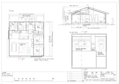 Bildet viser en tegning med etasjeplaner (Ny plan, Ny plan hems) og tilhørende snittegninger (snitt A-A) for en hytte.