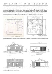 Bildet viser en side fra et arkitektkontor som inneholder både eksisterende og nye fasadetegninger for en hytte, samt tekster om arealendringer.