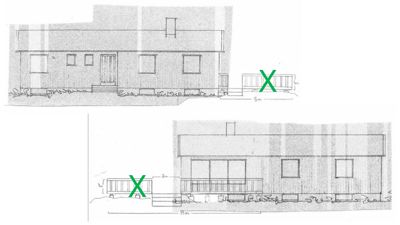 Fasadetegning som viser bygningens utseende fra to ulike vinkler (for- og sidefasade) med mål og detaljer om vinduer, dører og tak.