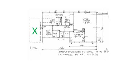 Etasjeplan (1. etg) som viser romfordeling, mål og areal for en bolig.