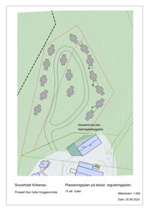 Situasjonsplan som viser plassering av nye hytter (grå kryss) i forhold til eksisterende bygninger og terrengkonturer.