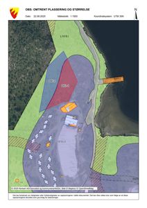 Situasjonsplan som viser tomtens plassering i forhold til omgivelsene, inkludert vann, skog og eksisterende bygninger, med overlagte fargekoder for planområder (DEL 1, DEL 2, FTU3).