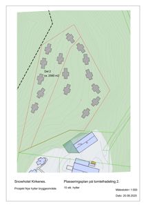 Situasjonsplan som viser plassering av 15 hytter på en tomt (Del 2) i et bryggeområde. Tegningen inkluderer konturlinjer for terreng, grenser for tomtefradelingen og en eksisterende bygning nederst.