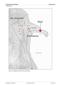 Situasjonsplan som viser plassering av nye utleiehytter, banja og driftsbygning i forhold til terrenget og eksisterende infrastruktur i Jentoftbukta.