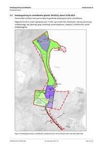 Situasjonsplan som viser detaljregulering for Jentofbukta med arealbruksplaner (fargekodet) og rød stiplet linje som angir plan grensen.