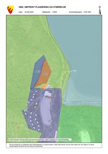 Situasjonsplan som viser tomtens plassering i forhold til vann, omgivelser og deling av tomt (DEL 1, DEL 2).
