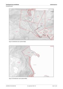 Situasjonsplaner som viser eiendomsinndeling (grenser, arealnummer) og topografi i et planområde.