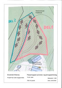 Situasjonsplan som viser tomtens plassering (Del 1 og Del 2), eksisterende bebyggelse, og planlagt plassering av 15 hytter i et snøhotell-prosjekt.