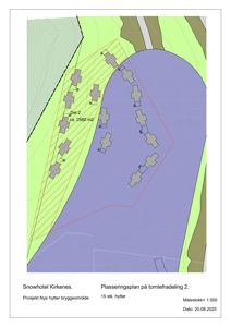 Plasseringsplan som viser tomtedeling 2 for Snowhotel Kirkenes med plassering av 15 hytter.