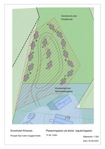 Situasjonsplan som viser plassering av nye hytter (rødt) i forhold til eksisterende bebyggelse (blått) og terrengforhold (konturlinjer).