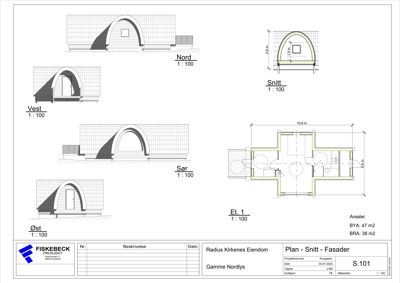 Fasadetegning med oppriss av bygningens ytre utseende fra alle fire sider (Nord, Sør, Øst, Vest) samt et snitt og et etasjeplan.