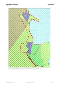 Kart som viser detaljregulering for Jentoftbukta med ulike arealbruksområder (fargekodet) og planområde (rød stiplet linje).