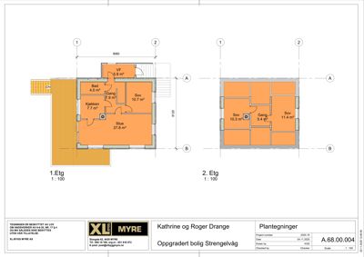 Plantegning som viser romfordeling og arealer for 1. etasje og 2. etasje av en bolig.