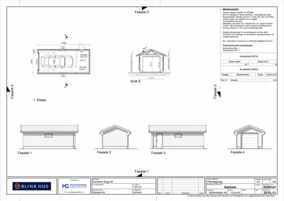 Fasadetegning som viser bygningens utseende fra fire ulike vinkler (Fasade 1-4) og et snitt (Snitt Å).