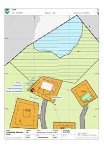 Situasjonsplan som viser tomtene, bygningers plassering og infrastruktur (veier, vann) i et område.