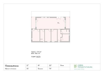 Etasjeplan for en bolig med angitt arealer (BYA) og U-grad.