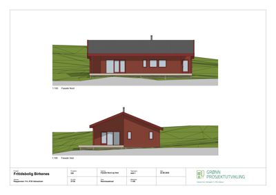 Fasadetegning som viser bygningens utseende fra nord og vest.