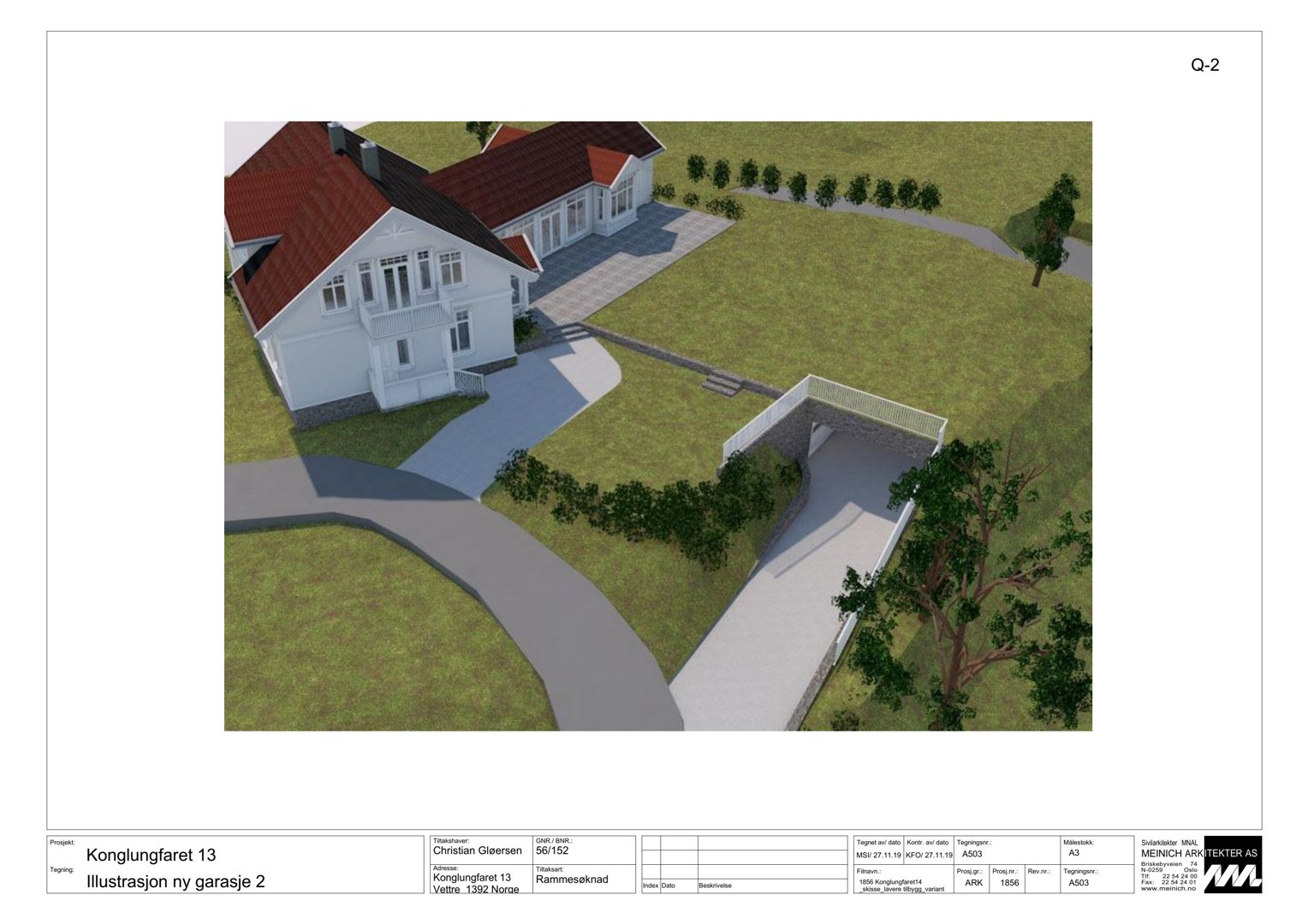 3D-visualisering av en villa med garasje og omgivelser