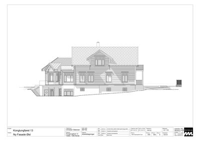 Fasadetegning (opprikk) av en bolig sett fra øst.