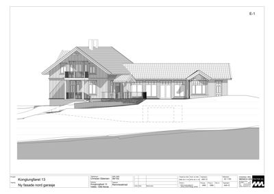 Fasadetegning som viser en nordgavlside av en bolig med garasje, inkludert takform, vinduer og terrengforhold.