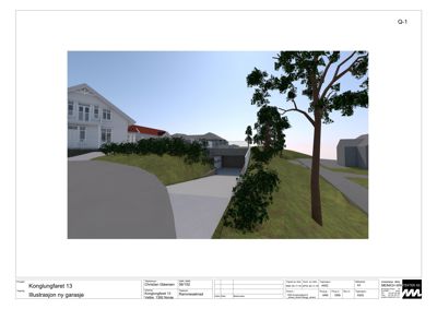 3D-visualisering (rendering) av en ny garasje og omgivelsene, inkludert terrengformetning og beplantning.